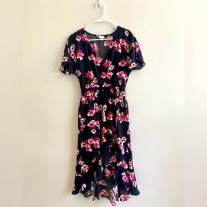 J Crew Dark Blue With Ping Flowers Deep V Dress Cotton Flowy Size XXS